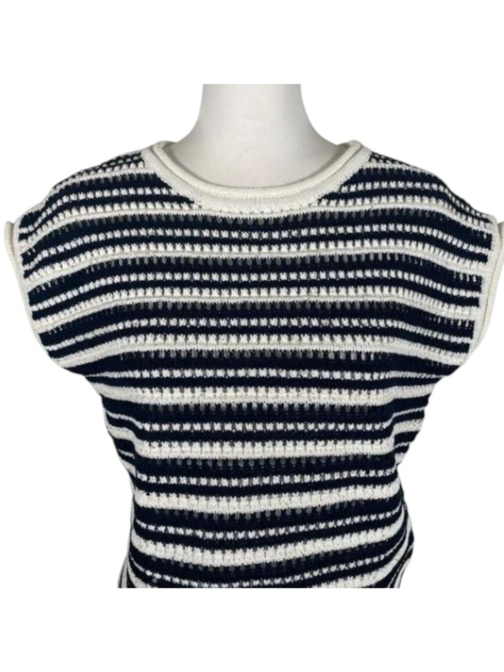 JOIE Women's Sweater Vest Black White Striped Linen Round Neck Pullover XS